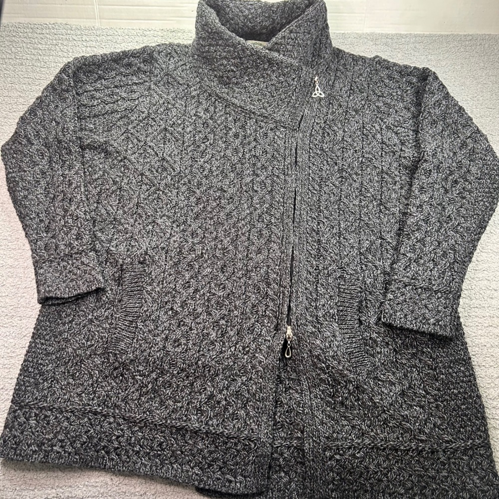 Aran Crafts Cardigan Asymmetrical Zip Gray XL Merino Wool Irish Cable Knit Cozy